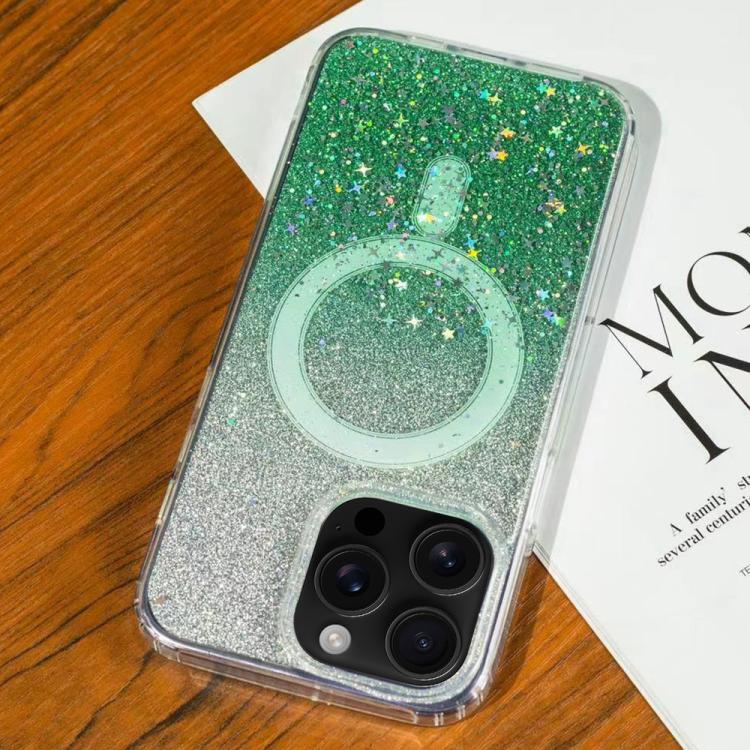 Funda MagSafe con purpurina degradada y estrellas para iPhone 16 Pro (verde degradado)