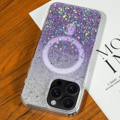 Funda MagSafe con purpurina degradada y estrellas para iPhone 16 Pro (morado degradado)