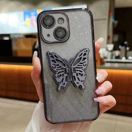 Funda para Teléfono TPU iPhone 15 Diseño Mariposa 3D Purpurina Degradada (Negro Degradado) - MOVILSTORE