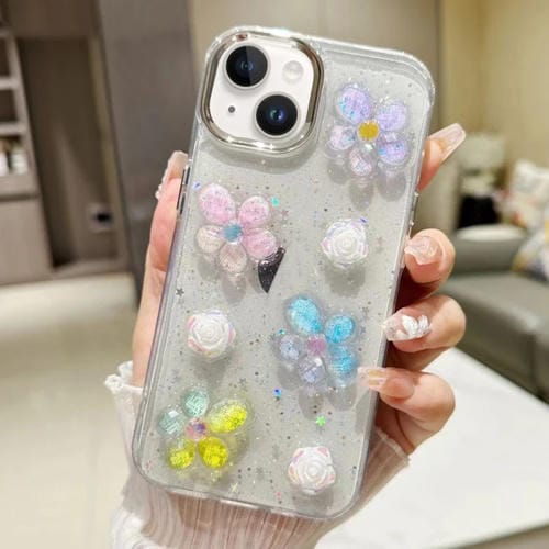 Funda para Teléfono TPU Epoxi iPhone 15 con Brillo Flores 3D (Flores de Colores) - MOVILSTORE