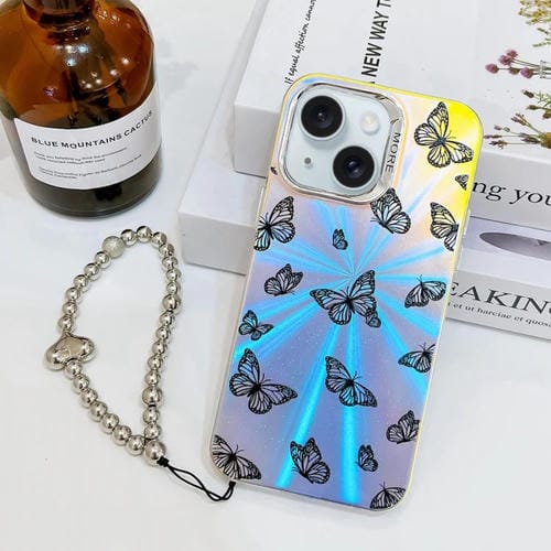 Funda para Teléfono iPhone 15 Mariposa Láser Galvanizada con Correa para Muñeca (Negra) - MOVILSTORE