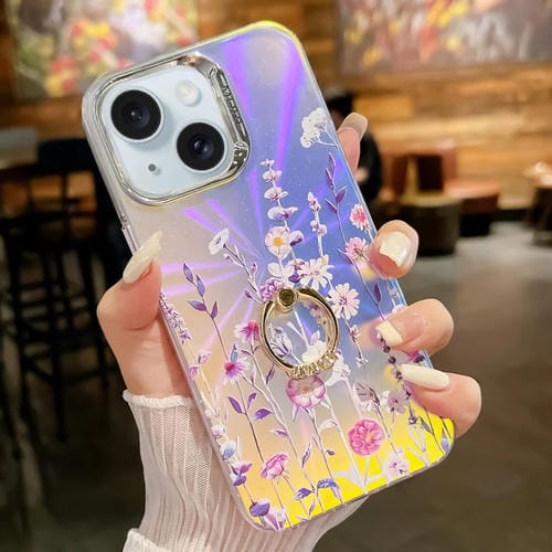 Funda TPU Soporte Anillo Flores Galvanoplastia Láser iPhone 15 (Flor Ah1) - MOVILSTORE