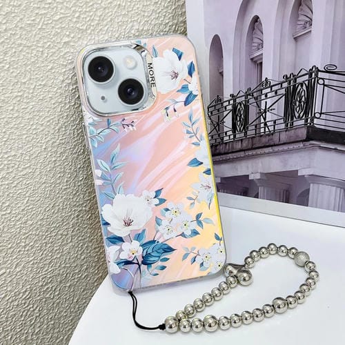 Estuche para teléfono iPhone 15 con flor låser y galvanoplastia con correa para la muñeca (Flor Blanca Ah10) - MOVILSTORE