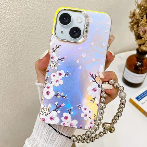 Funda para Teléfono iPhone 15 con Flor Låser Galvanizada y Correa para Muñeca (Plum Blossom Ah18) - MOVILSTORE