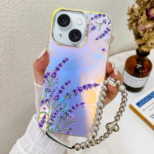 Funda para Teléfono iPhone 15 con Flor Låser Galvanizada y Correa para Muñeca (Lavanda) - MOVILSTORE