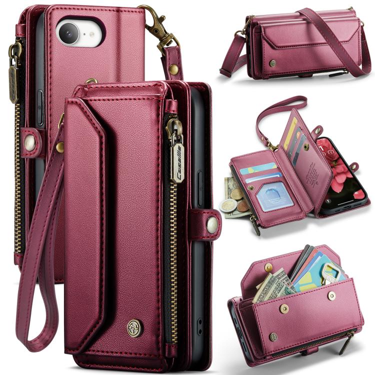 Funda para iPhone 16E Caseme C36 Cuero Antirrobo con Ranuras para Tarjetas y Cremallera (Rojo)