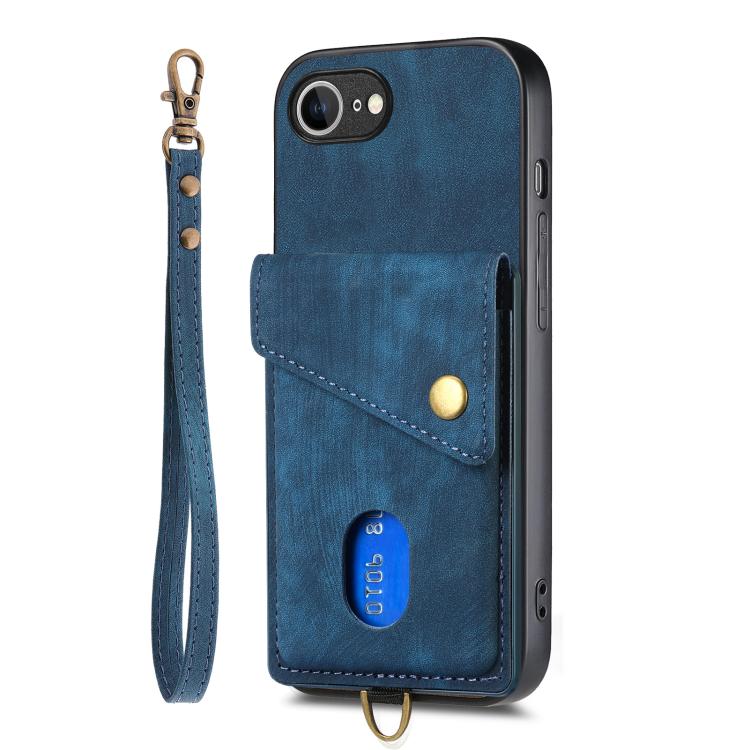 Funda de Cuero Plegable Tipo Billetera para iPhone 16E con Tarjetero y Correa (Azul)