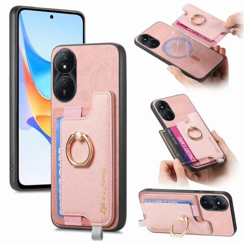 Funda para Teléfono Honor Play 50 Plus 5G con Tarjetero y Anillo de Cuero Retro Magsafe Cross (Rosa)