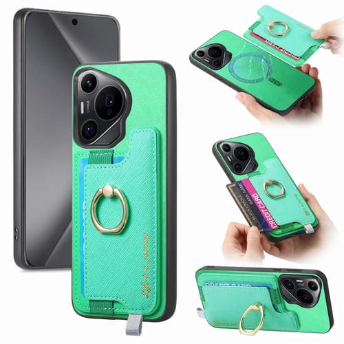 Funda para Teléfono Huawei Pura 70 con Tarjetero, Anillo de Cuero y Diseño Retro Magsafe Cross (Verde)
