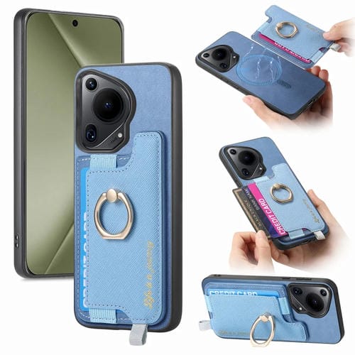 Funda para Teléfono Huawei Pura 70 Ultra con Tarjetero y Anillo de Cuero Retro Magsafe (Azul)