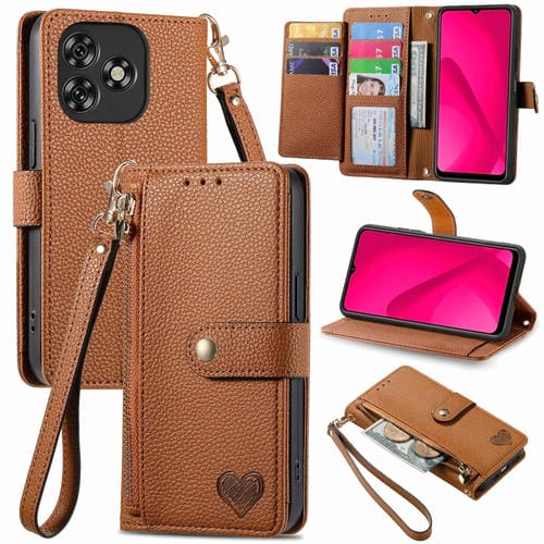 Funda de Cuero con Cordón y Cremallera Love para Oukitel C53 (Marrón)