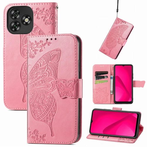 Funda de Cuero con Relieve Mariposa y Flor para Oukitel C53 (Rosa)