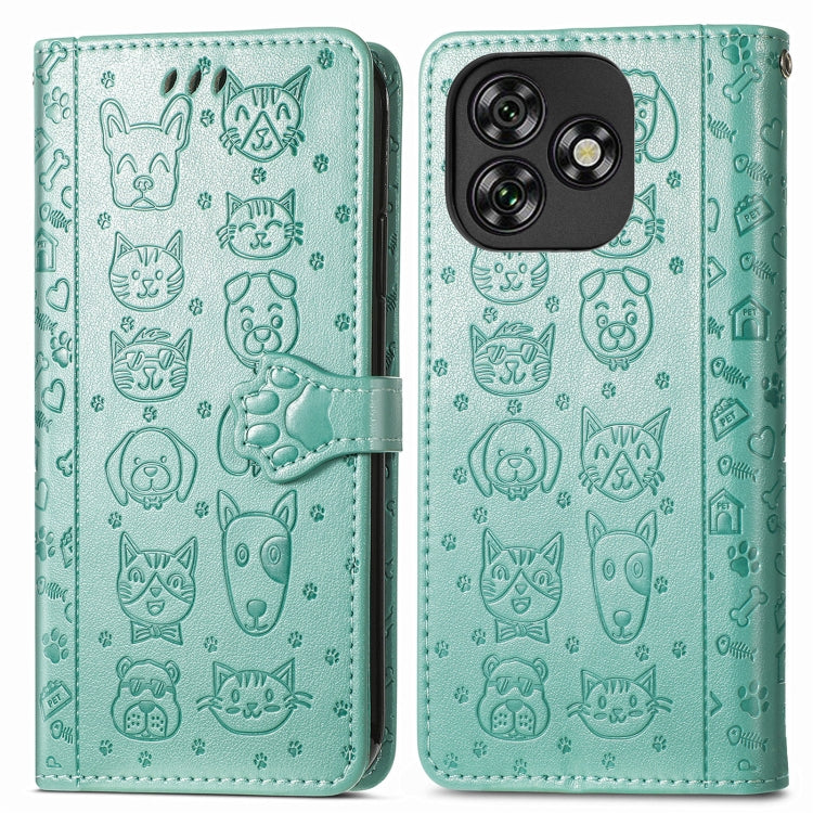 Funda de Piel con Relieve de Gato y Perro para Oukitel C53 (Verde)