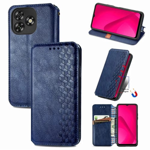 Funda de Cuero Magnética con Rejilla Cúbica para Teléfono Oukitel C53 (Azul)