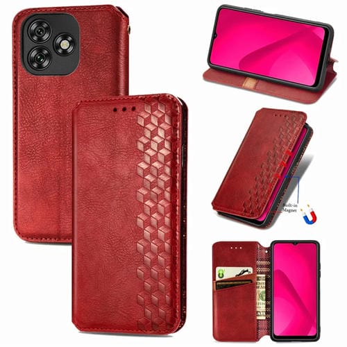 Funda de Cuero Magnética con Rejilla Cúbica para Teléfono Oukitel C53 (Roja)