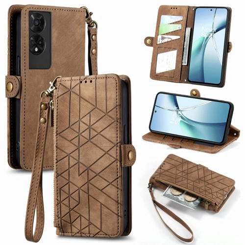 Funda de Cuero para TCL 50 5G con Hebilla Lateral y Cremallera Geométrica (Marrón)