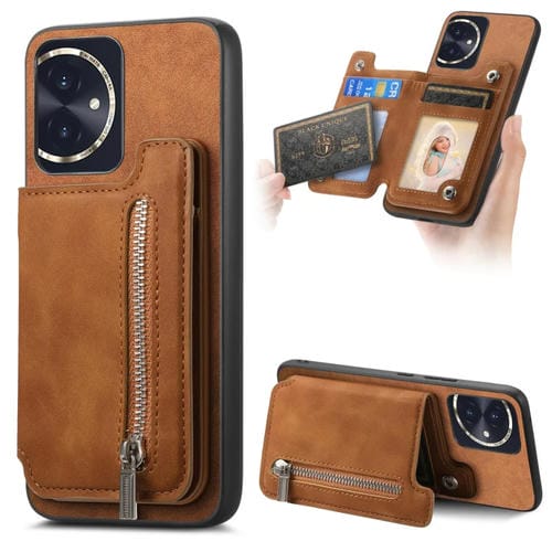 Funda para Teléfono Honor 100 con Cremallera Magsafe, Tarjetero y Cartera (Marrón)