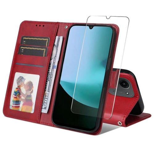 ENKAY - Funda para Redmi 15C 5G/4G EU (173,1 mm), tarjetero, textura de becerro, con protector de pantalla (rojo)