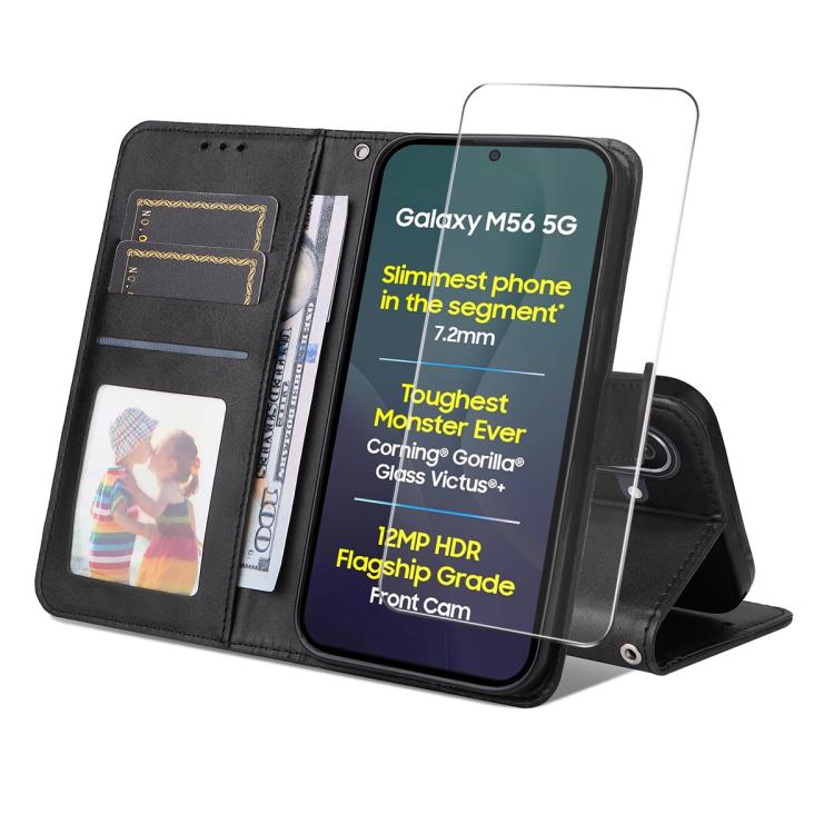 ENKAY - Funda de piel con textura de becerro y protector de pantalla para Samsung Galaxy M56 (negro)