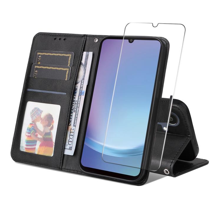 ENKAY - Funda de piel con textura de becerro y protector de pantalla para Samsung Galaxy A07 (negro)