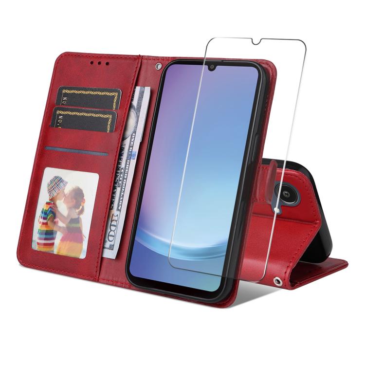 ENKAY - Funda de piel con textura de becerro y protector de pantalla para Samsung Galaxy A07 (rojo)