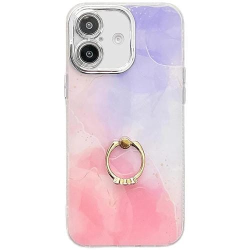 Funda para Teléfono iPhone 16 Plus Soporte de Anillo Textura Mármol Galvanizado (Púrpura Rosa)