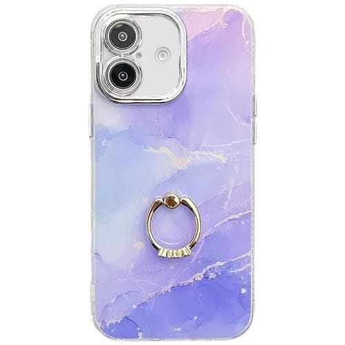 Funda para Teléfono iPhone 16 con Soporte de Anillo Textura Mármol Galvanizado (Azul Púrpura)