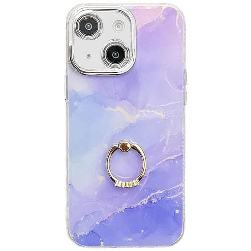 Funda para Teléfono iPhone 15 Soporte de Anillo Textura Mármol Galvanizado (Azul Púrpura)