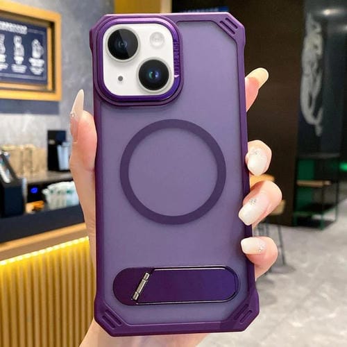 Funda para Teléfono PC Magsafe sin Marco con Tacto de Piel y Soporte Plegable para iPhone 15 (Morado)