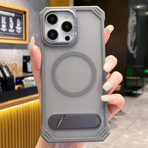 Funda para teléfono PC Magsafe sin marco con tacto de piel y soporte plegable para iPhone 15 Pro Max (Gris)