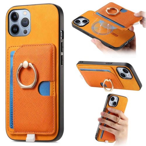 Funda para iPhone 11 Pro Max Cuero con Ranuras para Tarjetas y Anillo Lateral (Amarillo)