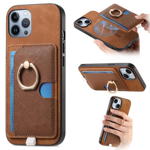 Funda para iPhone 11 Pro Max con Ranuras para Tarjetas Diseño Retro Cruz Anillo Lateral (Marrón)