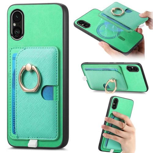 Estuche para Teléfono Sony Xperia 5 V con Ranuras para Tarjetas y Anillo Lateral (Verde)