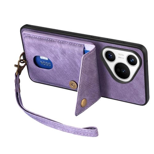 Funda de cuero plegable con correa para Huawei Pura 70, estilo retro, con tarjetero (morado)