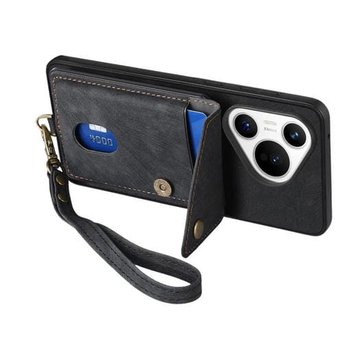 Funda de cuero plegable con correa para Huawei Pura 70 Pro / 70 Pro+, estilo retro, con tarjetero (negro)