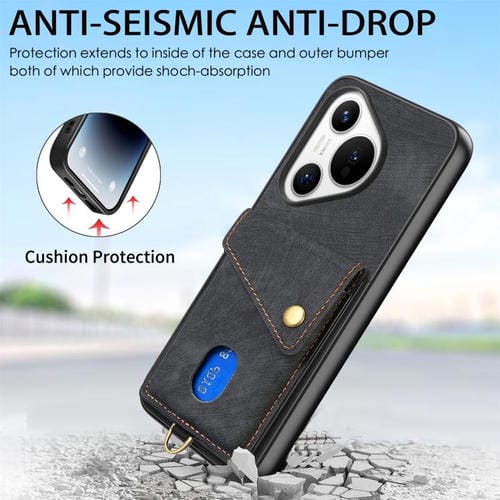 Funda de cuero plegable con correa para Huawei Pura 70 Pro / 70 Pro+, estilo retro, con tarjetero (negro)