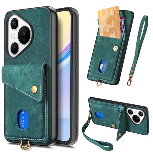 Funda plegable de cuero con correa para Huawei Pura 70 Ultra, estilo retro, tipo billetera (verde)