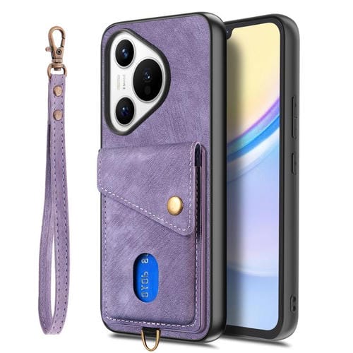 Funda de cuero plegable con correa para Huawei Pura 70 Ultra, estilo retro, con tarjetero (morado)