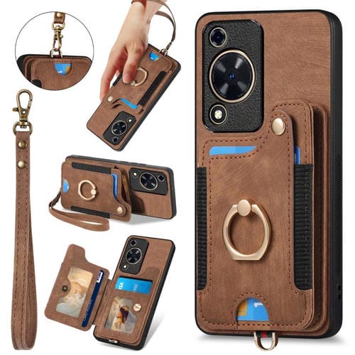 Funda para Teléfono Huawei Enjoy 70 con Billetera MultiTarjeta y Anillo (Marrón)