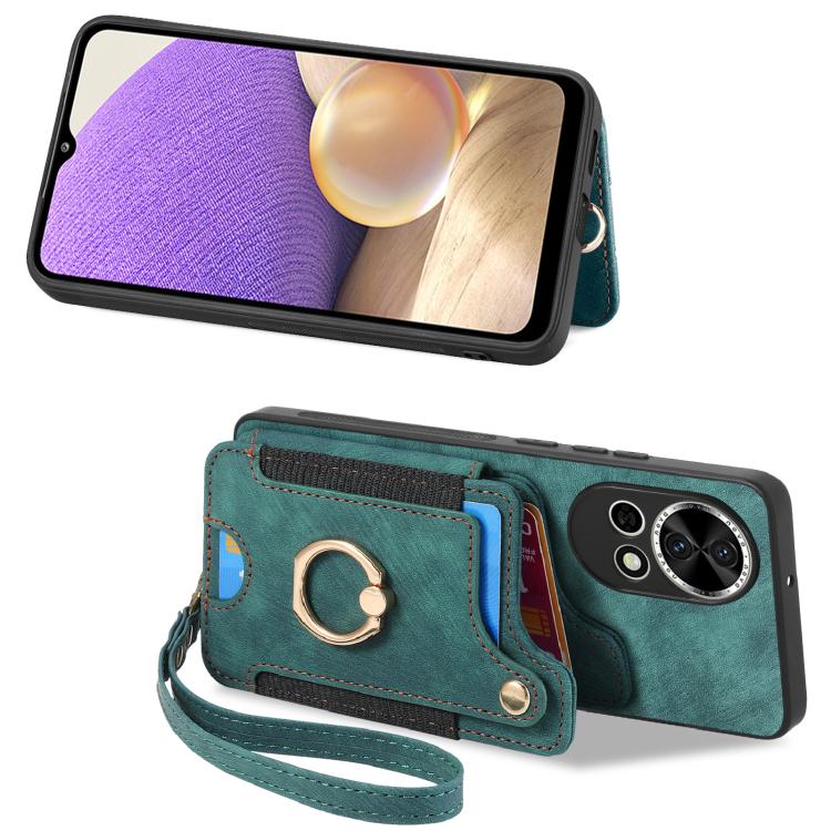 Funda para Teléfono Huawei P60 con Billetera MultiTarjeta Diseño Retro Piel Sintética Anillo (Verde)