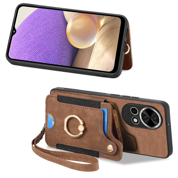 Funda para Teléfono Huawei Nova 10 con Billetera MultiTarjeta, Anillo y Diseño Retro (Marrón)