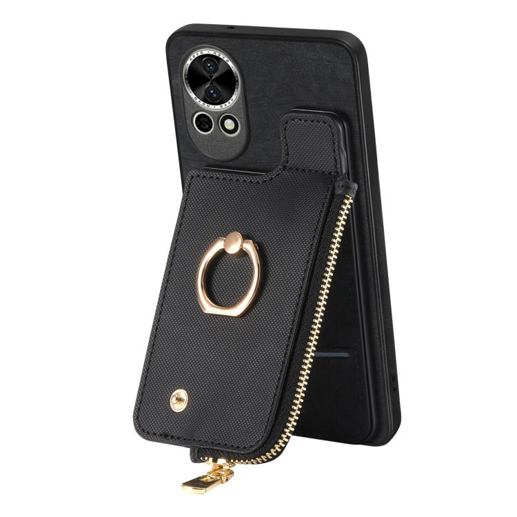 Funda para Teléfono Huawei Nova 8 con Cremallera Vertical y Anillo de Cuero Cruzado (Negro)
