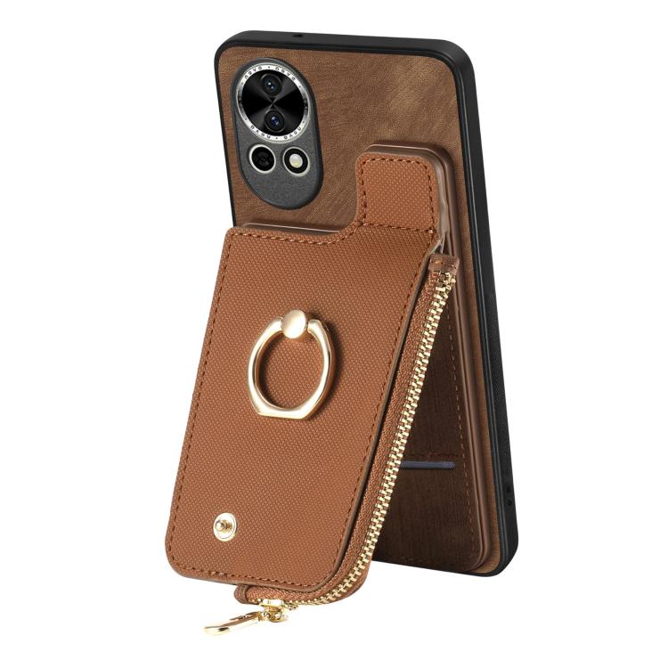 Funda para Teléfono Huawei Nova Y70 Y70+ con Cremallera Vertical y Anillo de Cuero Cruzado (Marrón)