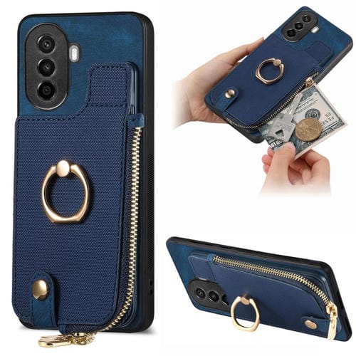 Funda para Teléfono Huawei Nova Y70/Y70+ con Cremallera Vertical y Anillo de Cuero (Azul)