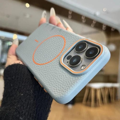 Funda TPU iPhone 12 Pro Diseño Grano de Lichi Anillo Naranja Magsafe (Azul)