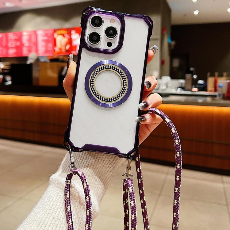 Funda para Teléfono TPU iPhone 12 Pro Max Traveler Crossbody con Cuatro Esquinas y Cordón (Morado)