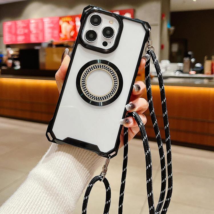 Funda para Teléfono TPU para iPhone 16 Pro con Cuatro Esquinas y Cordón Traveler Crossbody (Negro)