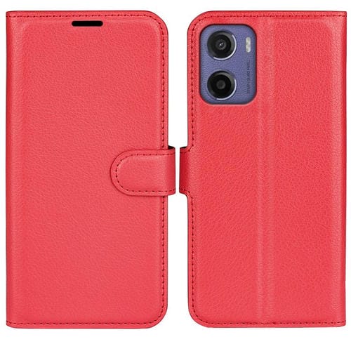 Funda Cuero con Tapa Horizontal y Textura de Lichi para Motorola Moto E15 con Soporte (Rojo)
