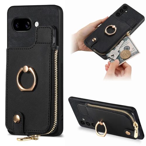 Funda para Teléfono Google Pixel 9A con Cremallera Vertical y Anillo de Cuero Cruzado (Negro)