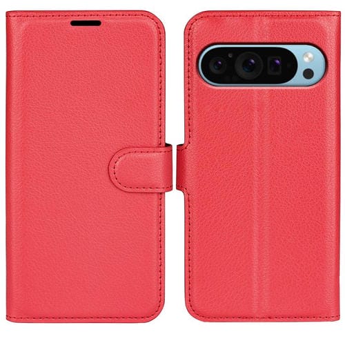 Funda de Cuero con Tapa Horizontal y Textura de Lichi para Google Pixel 9/9 Pro con Soporte (Rojo)